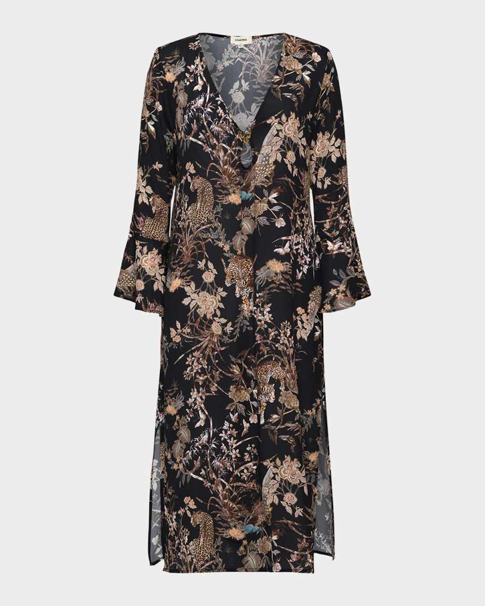 Sara Jungle Sheer Chiffon Long-Sleeve Maxi Dress